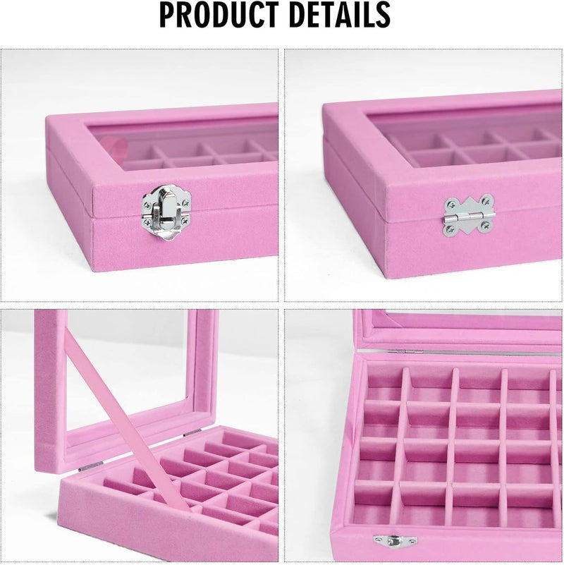 Vicoter Velvet Jewelry Box 24 Grid Jewelry Ring Display Organiser Box Tray Holder Earrings Storage Case for Girls Wife Mom Women (Pink) - Image 4