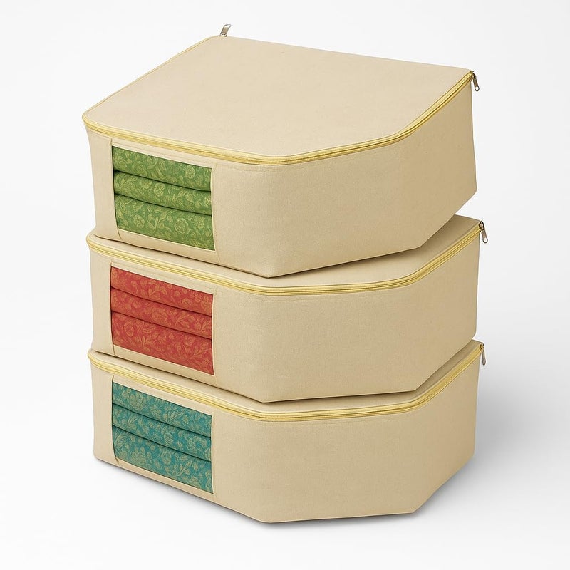 Kottify Pack of 3 Cotton Canvas Blouse Organizer – 38x25x17 cm – Blouse Storage Bags for Wardrobe, Saree Covers, Blouse Covers, Blouse Organiser for Storage (Beige) - Image 1