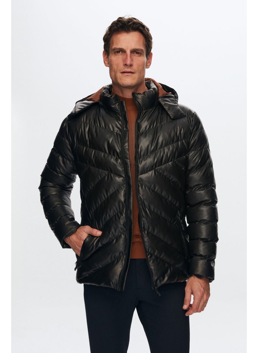 D'S DAMAT - Slim Fit Brown Water Repellent Windproof Fiber Filled Leather Look Detachable Hooded Coat 1HF07ORT01910 - Image 1