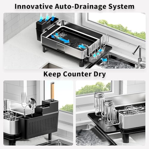 Ewaiira Dish Drying Rack, 304 Stainless Steel Dish Racks for Kitchen Counter, Dish Drainers with Automatic Drainage, Utensil Holder & Cups Holder, Space Saving Kitchen Organizer, Black 16.5''x12.6'' - Image 5