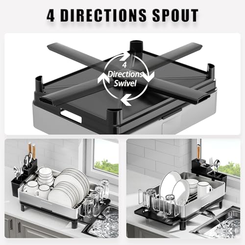 Ewaiira Dish Drying Rack, 304 Stainless Steel Dish Racks for Kitchen Counter, Dish Drainers with Automatic Drainage, Utensil Holder & Cups Holder, Space Saving Kitchen Organizer, Black 16.5''x12.6'' - Image 4