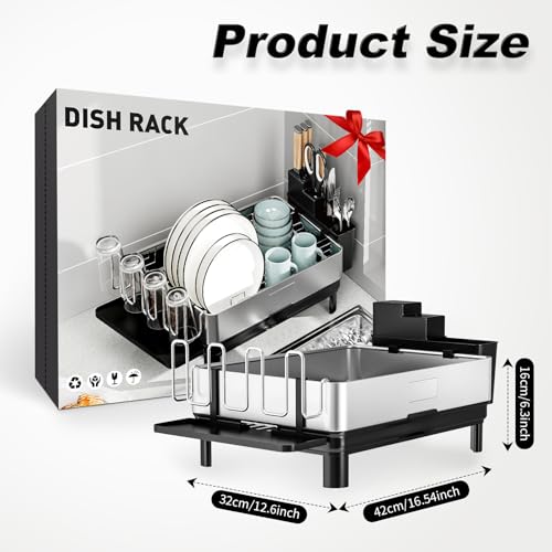 Ewaiira Dish Drying Rack, 304 Stainless Steel Dish Racks for Kitchen Counter, Dish Drainers with Automatic Drainage, Utensil Holder & Cups Holder, Space Saving Kitchen Organizer, Black 16.5''x12.6'' - Image 3