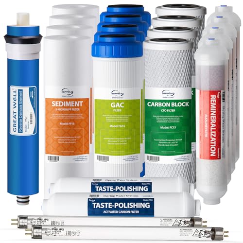 iSpring مجموعة خرطوشات استبدال فلتر المياه المعتمد من NSF iSpring F21KU75 لمدة عامين لنظام تنقية المياه بالتناضح العكسي 7 مراحل بسعة 75 جالون في اليوم مع فلاتر المعادن القلوية والأشعة فوق البنفسجية، 21 قطعة - Image 1