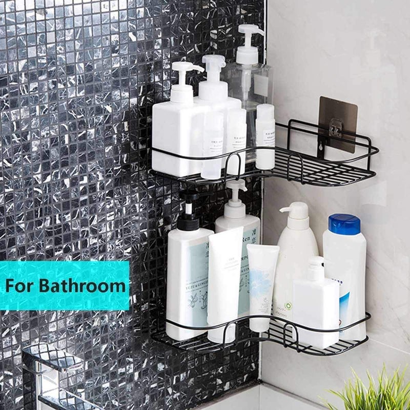DHARMINSON Stainless Steel Bathroom Corner Shelf Organizer Storage Hanging Shower Caddy Rack for Bathroom || Self-Adhesive Wall Mounted Corner Shower Caddy for Bathroom and Kitchen - Black (Pack 1) - Image 4