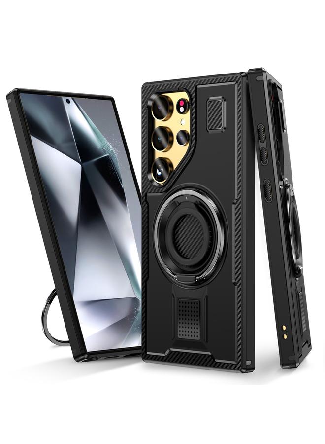 S-TOP Case For Samsung Galaxy S24 Ultra 5G Ring Holder Carbon Fiber PC Hybrid TPU Phone Case - Image 1
