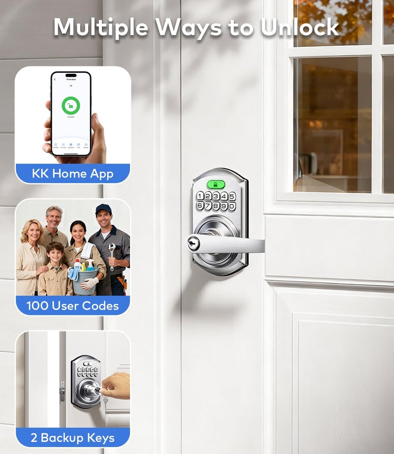 TEEHO TE019 Smart Keyless Entry Door Lock with Handle, App Control, Digital Electronic Keypad, Remote One-Time Code Sharing, Auto Lock & Passage Mode, for Bedroom & Rental, Satin Nickel - Image 2