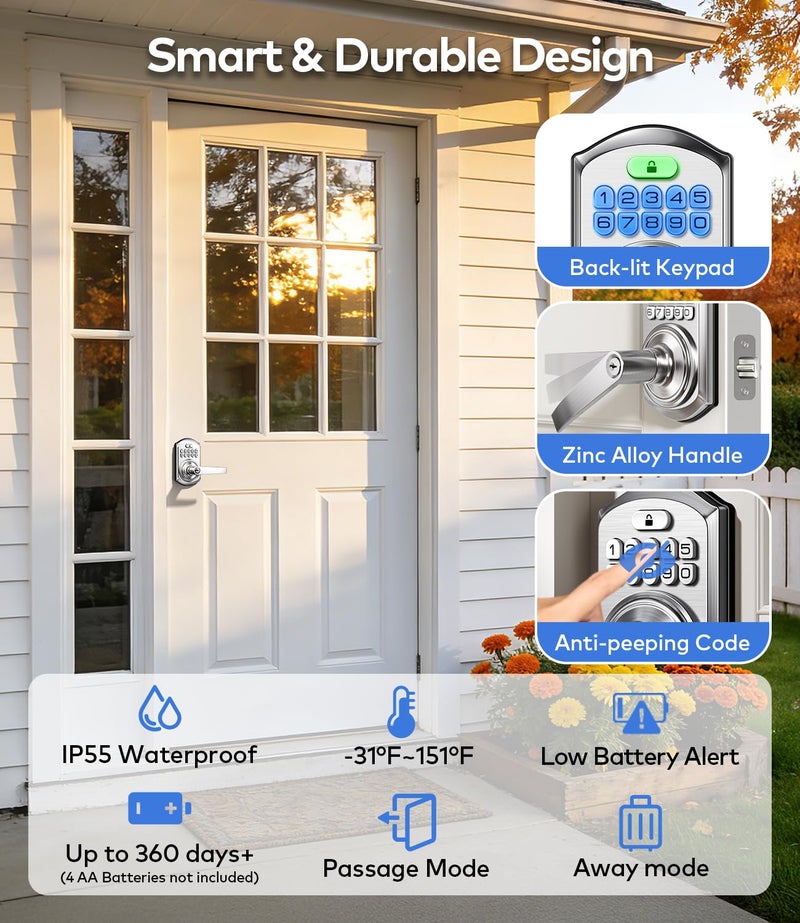 TEEHO TE019 Smart Keyless Entry Door Lock with Handle, App Control, Digital Electronic Keypad, Remote One-Time Code Sharing, Auto Lock & Passage Mode, for Bedroom & Rental, Satin Nickel - Image 4