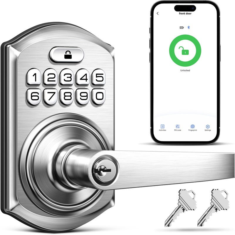 TEEHO TE019 Smart Keyless Entry Door Lock with Handle, App Control, Digital Electronic Keypad, Remote One-Time Code Sharing, Auto Lock & Passage Mode, for Bedroom & Rental, Satin Nickel - Image 1