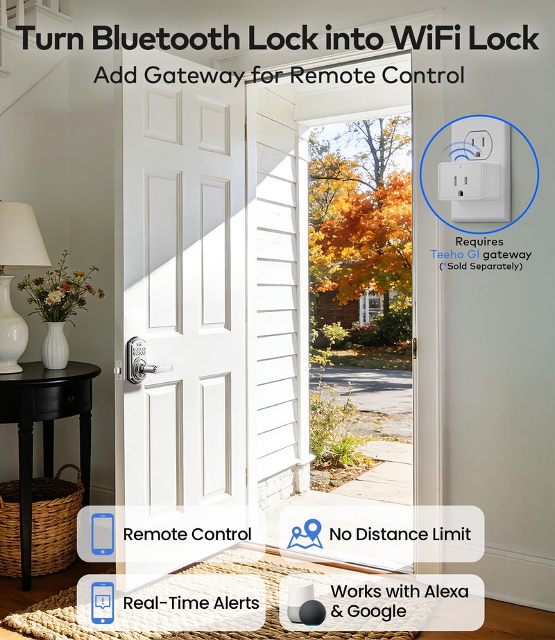 TEEHO TE019 Smart Keyless Entry Door Lock with Handle, App Control, Digital Electronic Keypad, Remote One-Time Code Sharing, Auto Lock & Passage Mode, for Bedroom & Rental, Satin Nickel - Image 5