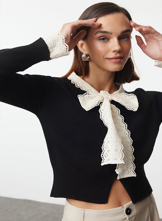 trendyol Black Crop Lace Garnish Ribbon/Bow Detail Knitwear Cardigan - Image 2