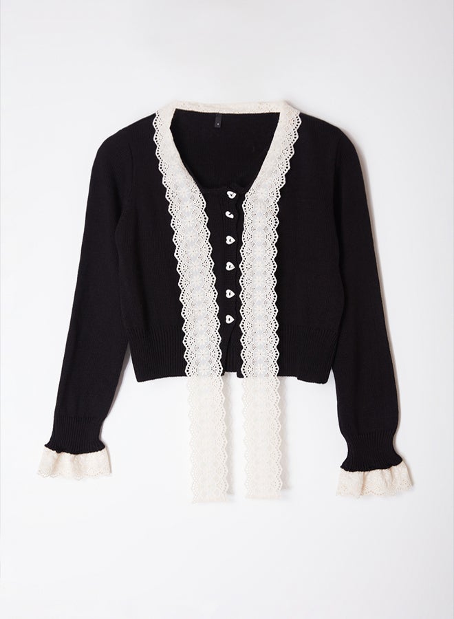trendyol Black Crop Lace Garnish Ribbon/Bow Detail Knitwear Cardigan - Image 5
