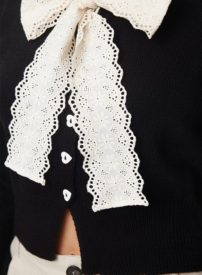 trendyol Black Crop Lace Garnish Ribbon/Bow Detail Knitwear Cardigan - Image 4