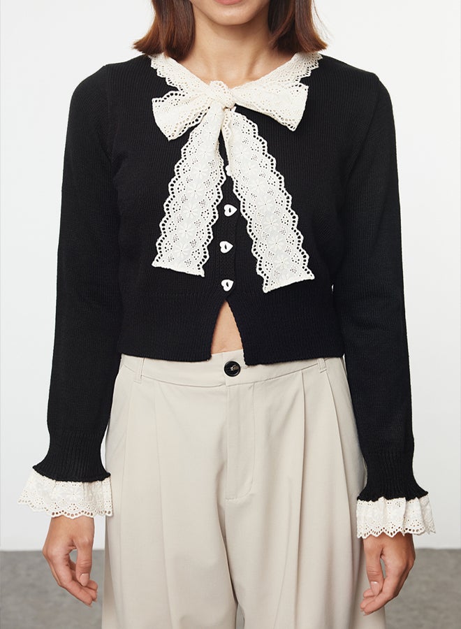 trendyol Black Crop Lace Garnish Ribbon/Bow Detail Knitwear Cardigan - Image 3