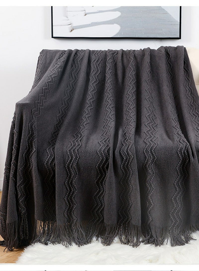 Loquat Solid Color Textured Tassel Design Knitted Soft Throw Blanket Dark Grey - Image 1