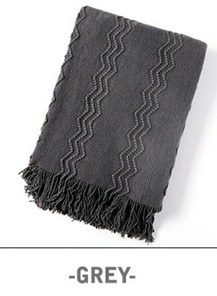 Loquat Solid Color Textured Tassel Design Knitted Soft Throw Blanket Dark Grey - Image 2