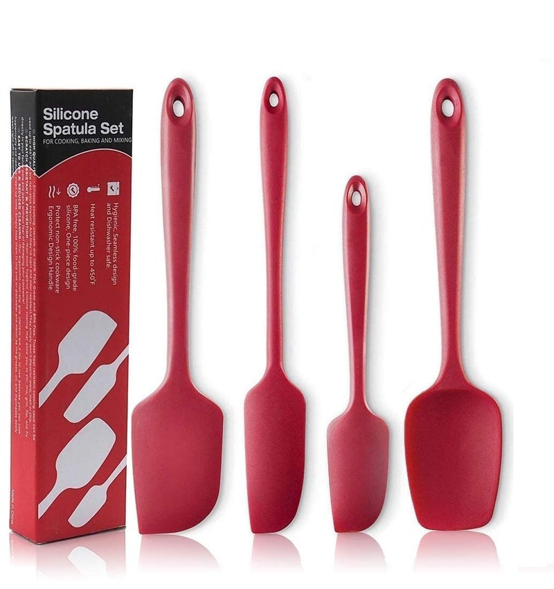 FS COOL Set of 4 Silicone Spatula Heat Resistant Kitchen Spatulas for Non Stick Cooking and Baking Seamless One Piece Flexible Spatula Dishwasher Safe Rubber Spatula Red - Image 1
