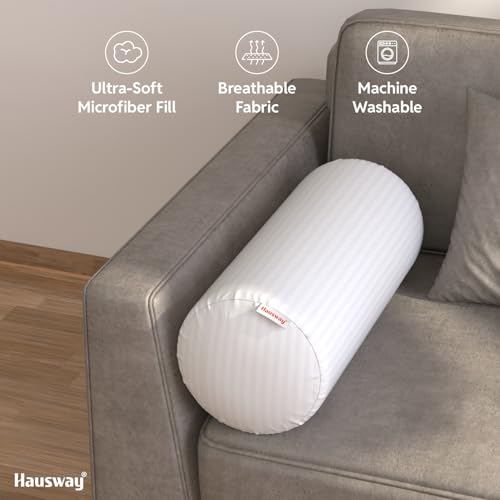 HAUSWAY Microfibre Round Bolster Bed/Sofa/Diwan Pillow | Light, Soft & Fluffy for Neck & Back Support | Washable Breathable, Durable | White Stripe, Pack of 2 [8" x 22"] - Image 2