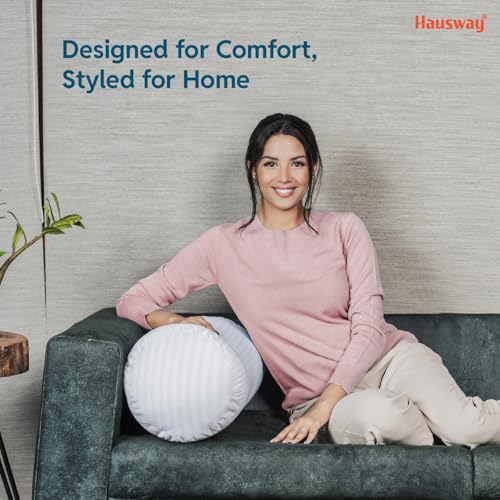 HAUSWAY Microfibre Round Bolster Bed/Sofa/Diwan Pillow | Light, Soft & Fluffy for Neck & Back Support | Washable Breathable, Durable | White Stripe, Pack of 2 [8" x 22"] - Image 3