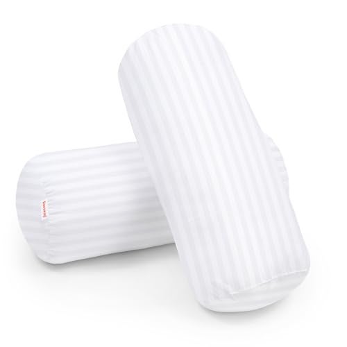 HAUSWAY Microfibre Round Bolster Bed/Sofa/Diwan Pillow | Light, Soft & Fluffy for Neck & Back Support | Washable Breathable, Durable | White Stripe, Pack of 2 [8" x 22"] - Image 1