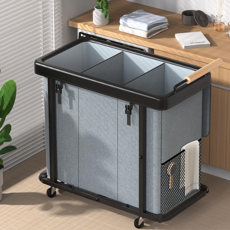 Elowen 60 Gal (230L) Laundry Hamper 3 Section with Lid, Leather Patchwork Laundry Sorter with Rolling Lockable Wheels and Handle, Laundry Basket Organizer for Laundry Room, Bedroom and Bathroom - Gray - Image 1
