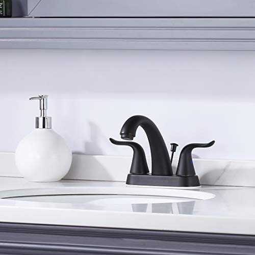 WOWOW Black Bathroom Faucet 2 Handle Bathroom Sink Faucet 4 inch Centerset Bathroom Faucets 3 Holes Lavatory Faucet with Lift Rod Drain Stopper Vanity Faucet Lead-Free Basin Mixer Tap Matte Black - Image 2