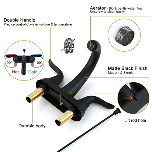 WOWOW Black Bathroom Faucet 2 Handle Bathroom Sink Faucet 4 inch Centerset Bathroom Faucets 3 Holes Lavatory Faucet with Lift Rod Drain Stopper Vanity Faucet Lead-Free Basin Mixer Tap Matte Black - Image 5