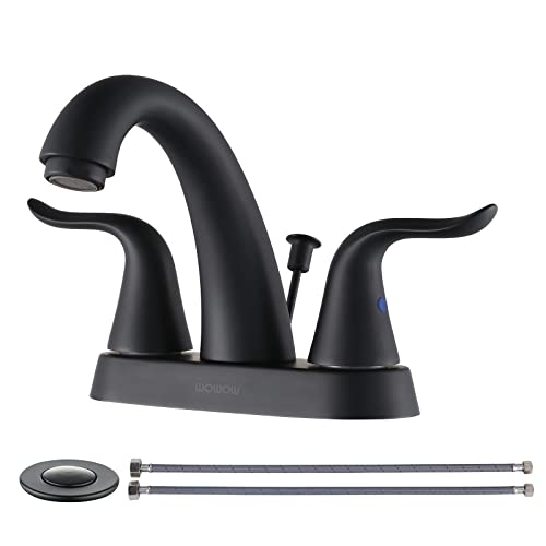 WOWOW Black Bathroom Faucet 2 Handle Bathroom Sink Faucet 4 inch Centerset Bathroom Faucets 3 Holes Lavatory Faucet with Lift Rod Drain Stopper Vanity Faucet Lead-Free Basin Mixer Tap Matte Black - Image 1