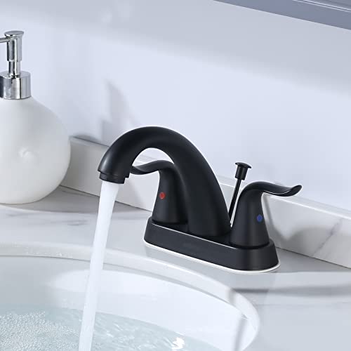 WOWOW Black Bathroom Faucet 2 Handle Bathroom Sink Faucet 4 inch Centerset Bathroom Faucets 3 Holes Lavatory Faucet with Lift Rod Drain Stopper Vanity Faucet Lead-Free Basin Mixer Tap Matte Black - Image 3