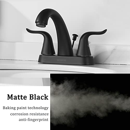 WOWOW Black Bathroom Faucet 2 Handle Bathroom Sink Faucet 4 inch Centerset Bathroom Faucets 3 Holes Lavatory Faucet with Lift Rod Drain Stopper Vanity Faucet Lead-Free Basin Mixer Tap Matte Black - Image 4