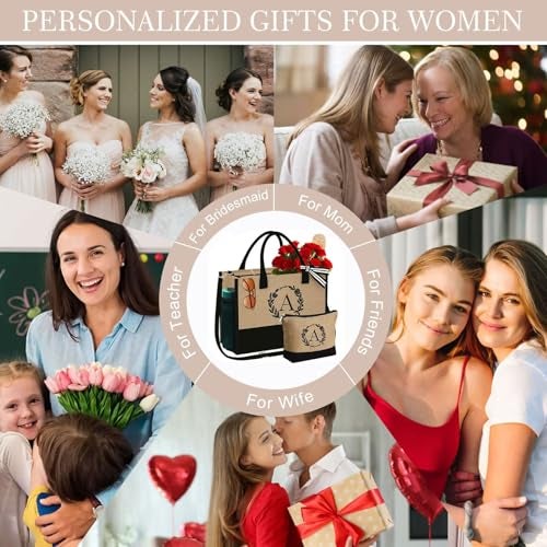 YOOLIFE Birthday Gifts for Women - Gifts for Women Teacher, C Initial Tote Bag Gift for Friend Sister Mom Birthday Graduation Gift for Her Wife, Jute Initial Beach Tote Bag - Image 4