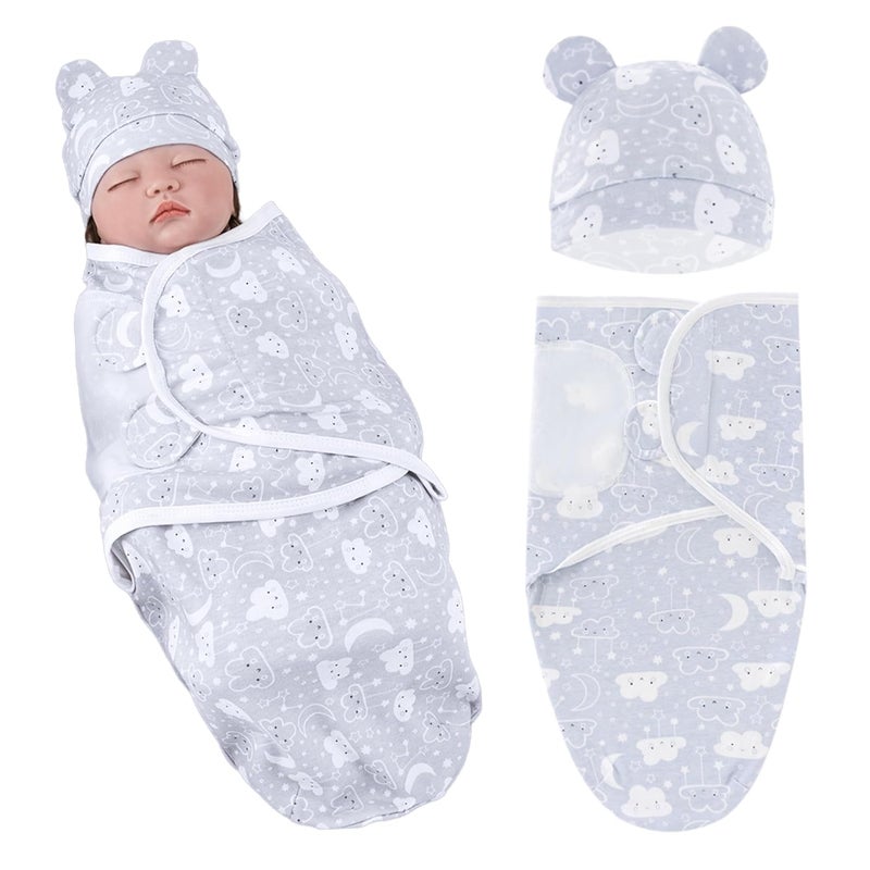 BEMBIKA Baby Swaddle Wraps Soft Cotton, Organic Cotton & Hooded Muslin Swaddle Wraps, Comfortable, Breathable & Safe Set of 2 -(0–3 Months | Blue Smile Cloud) - Image 1