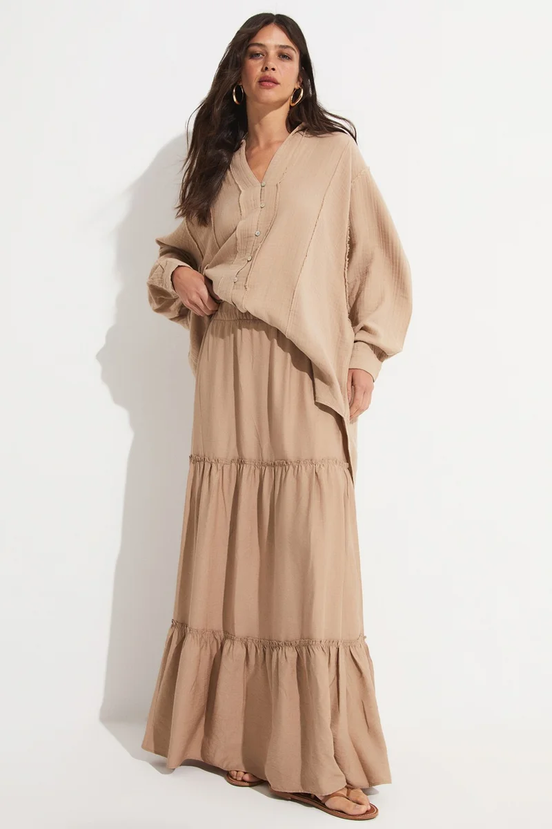 جون Exclusive Elastic Waist Viscose Blend Maxi Skirt