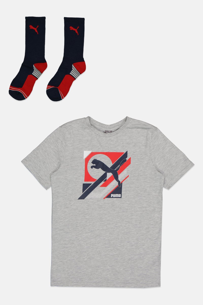 PUMA Kids Boy 2 Piece Sportswear Fit Short Sleeves Outdoor T-shirt And Socks, Grey - Image 2