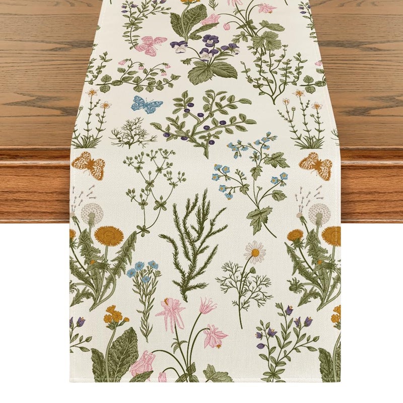 Artoid Mode Wildflowers Floral Spring Table Runner, Butterfly Seasonal Summer Kitchen Dining Table Decoration for Home Party Decor 13x90 Inch - Image 1