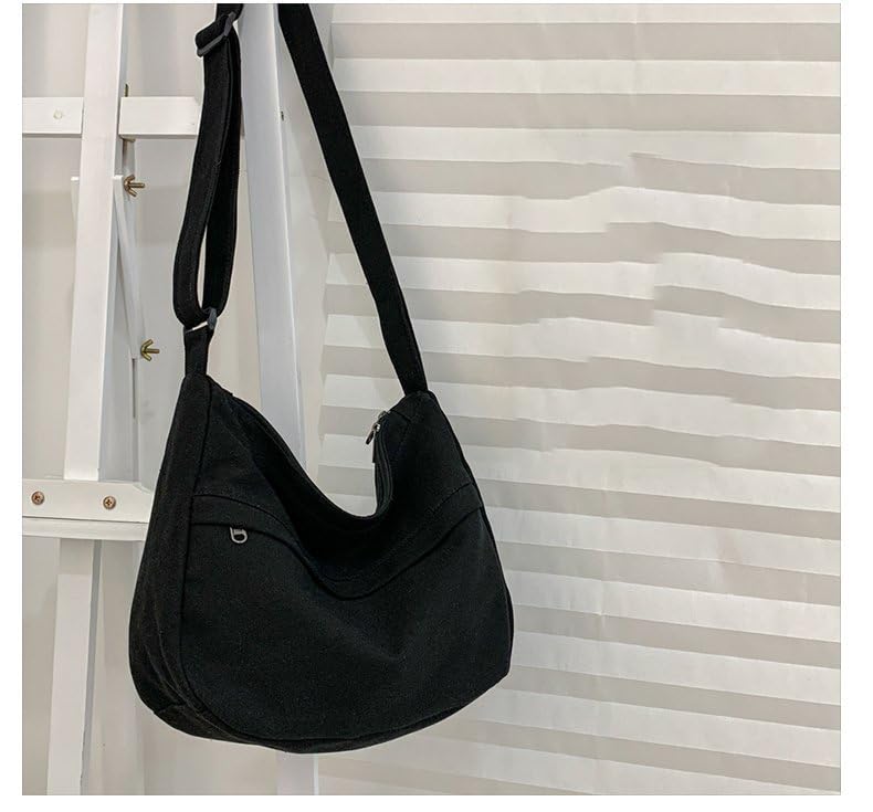 PRAGARI Canvas Messenger Bag Hobo Crossbody Bag for Women Black Shoulder Tote Handbag Vintage Aesthetic Travel Work - Image 2