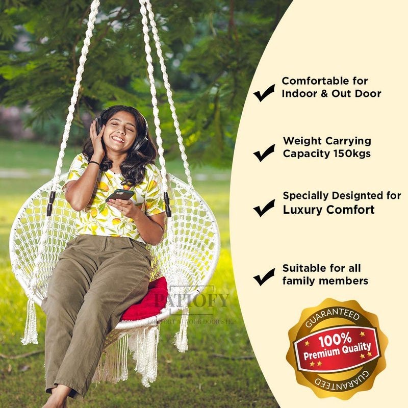 Patiofy Premium Hanging Cotton Rope Swing Chair with Cushion Accessories Swing for Kids Adults Cotton Swing Chair Jhula for Home Balcony Indoor OutdoorGardenCapacity 150 kgsWhite in Colour - Image 3
