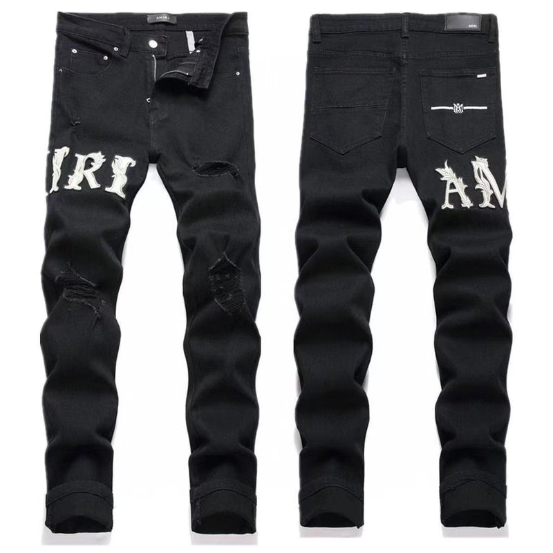 High-End Fashion Brand Amiri Heavy-Duty Washed Distressed High Street Embroidered Unisex Jeans - Image 4