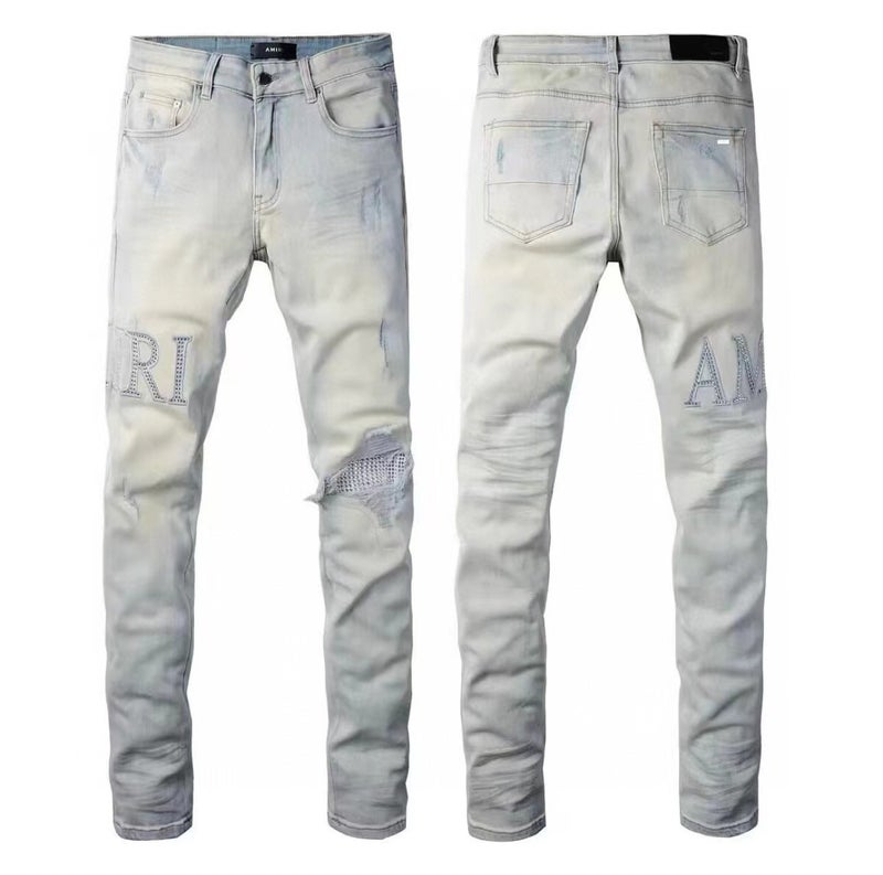 High-End Fashion Brand Amiri Heavy-Duty Washed Distressed High Street Embroidered Unisex Jeans - Image 3