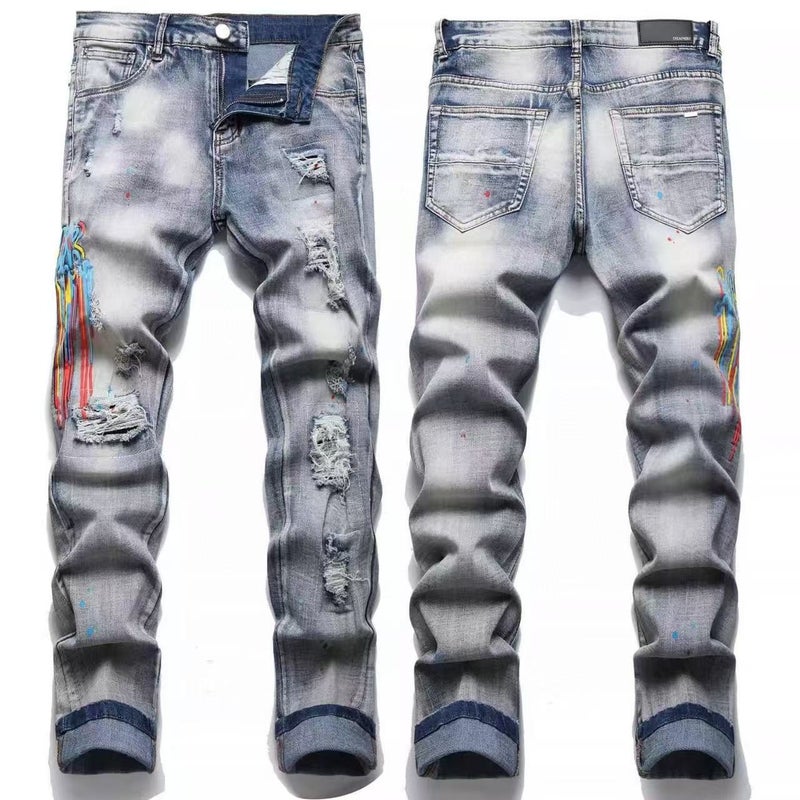 High-End Fashion Brand Amiri Heavy-Duty Washed Distressed High Street Embroidered Unisex Jeans - Image 1