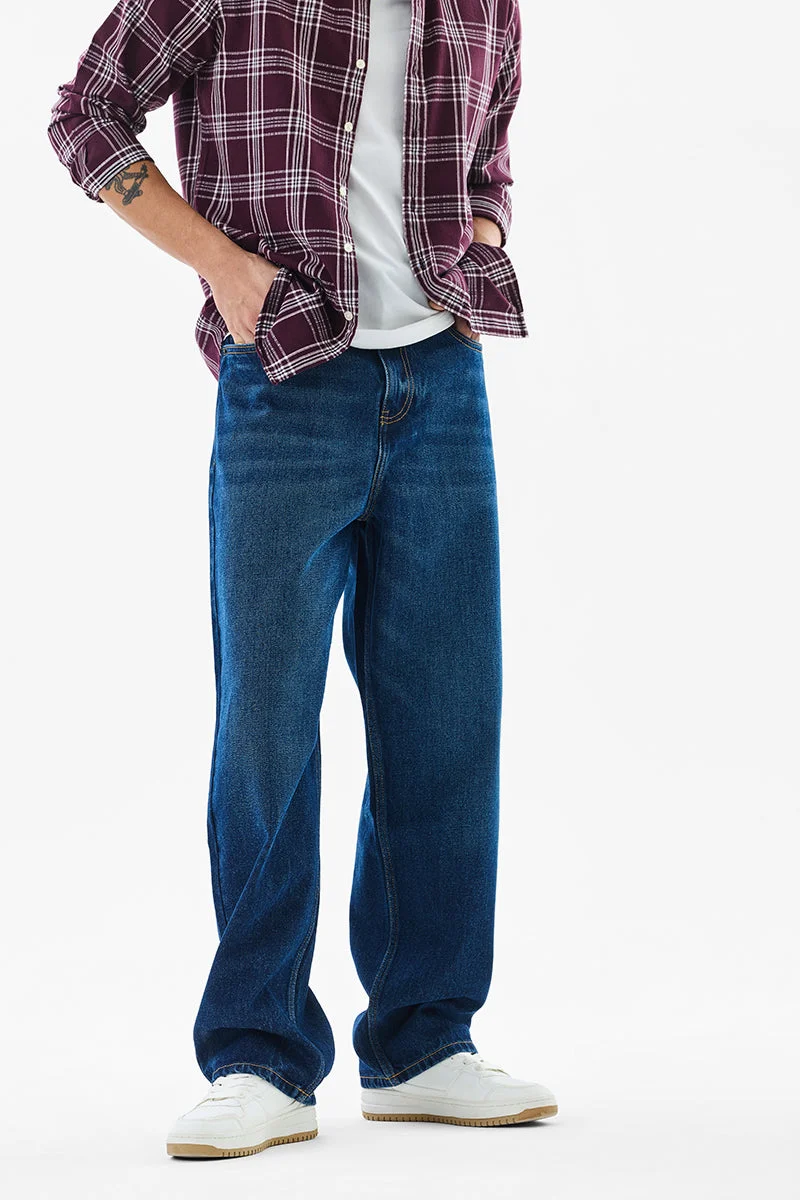 SNITCH جينز أزرق داكن بخصر متوسط وقصة واسعة