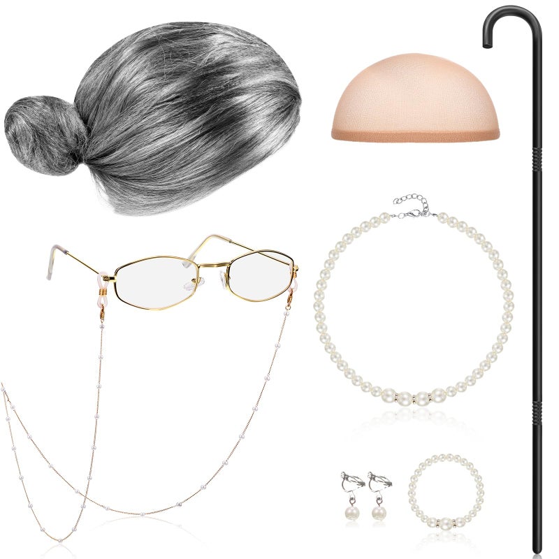 Gejoy 8 Pcs Old Lady Wig Costume for Women Grandma Granny Costume Accessories for 100 Days of School Cosplay(Gray Bun Wig) - Image 1