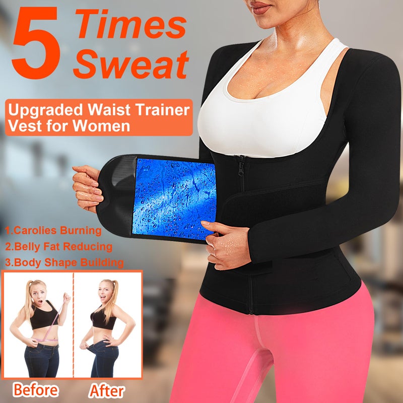 DYUAI Sauna Shirt for Women Sauna Suit for Women Waist Trainer Sauna Vest Zipper Workout Sweat Suit Long Sleeve Body Shaper(WBH6013-01-L) - Image 2