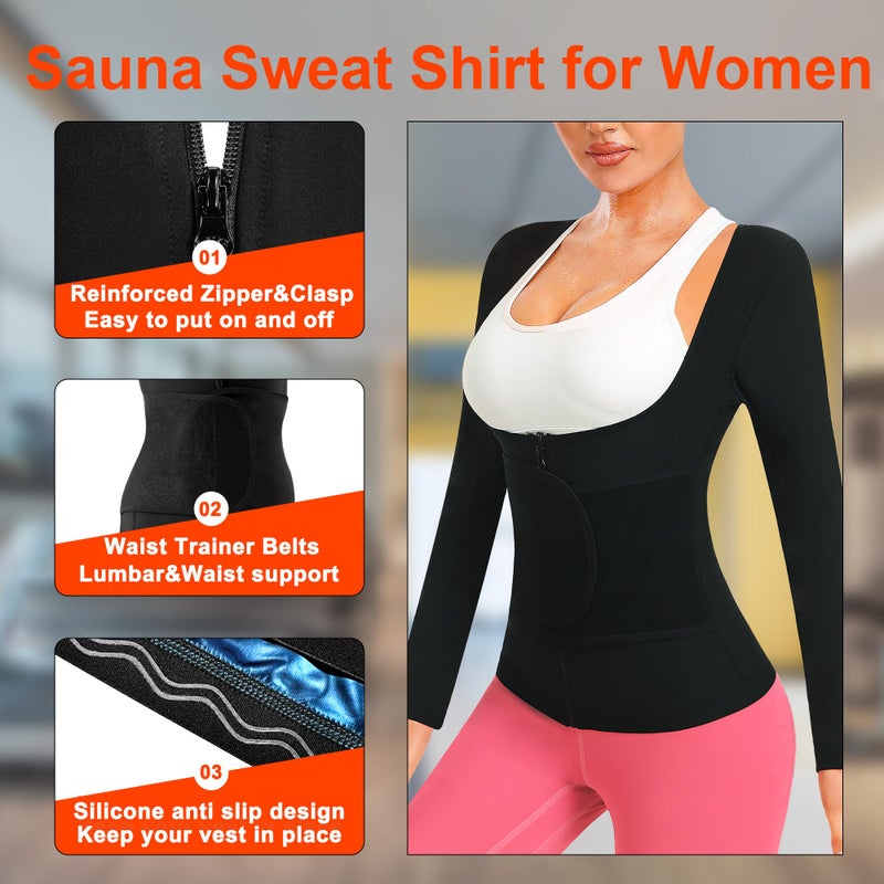 DYUAI Sauna Shirt for Women Sauna Suit for Women Waist Trainer Sauna Vest Zipper Workout Sweat Suit Long Sleeve Body Shaper(WBH6013-01-L) - Image 3