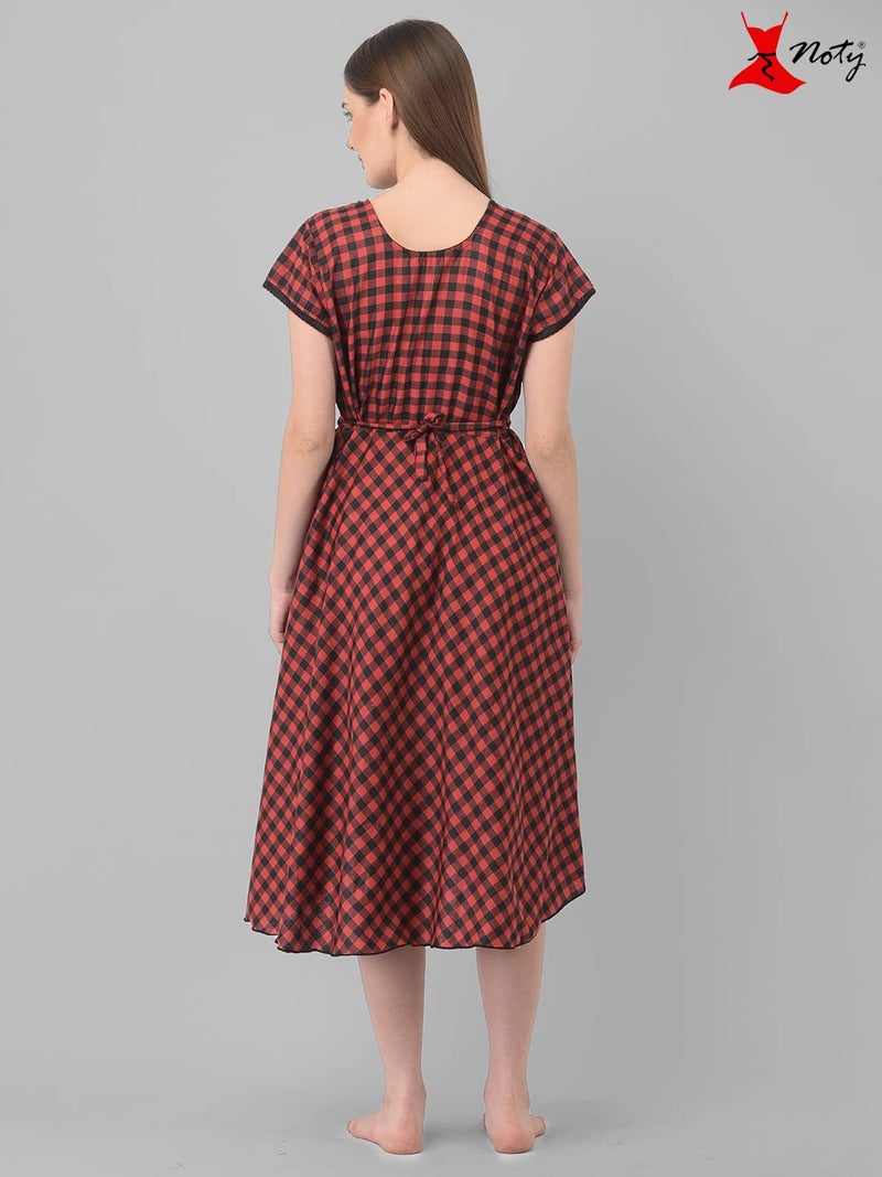 Noty Store Noty Women's Cotton Checkered Midi Maternity/Nursing Night Gown (SN1C-171174_Red-Black_Free Size) - Image 5
