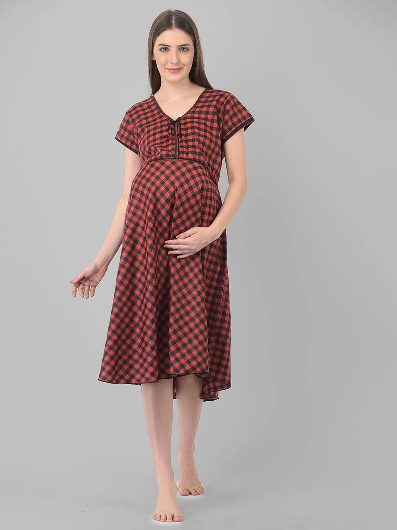 Noty Store Noty Women's Cotton Checkered Midi Maternity/Nursing Night Gown (SN1C-171174_Red-Black_Free Size) - Image 2