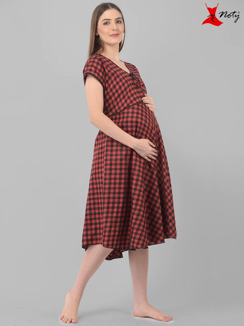 Noty Store Noty Women's Cotton Checkered Midi Maternity/Nursing Night Gown (SN1C-171174_Red-Black_Free Size) - Image 4