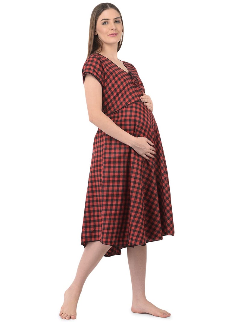 Noty Store Noty Women's Cotton Checkered Midi Maternity/Nursing Night Gown (SN1C-171174_Red-Black_Free Size) - Image 1