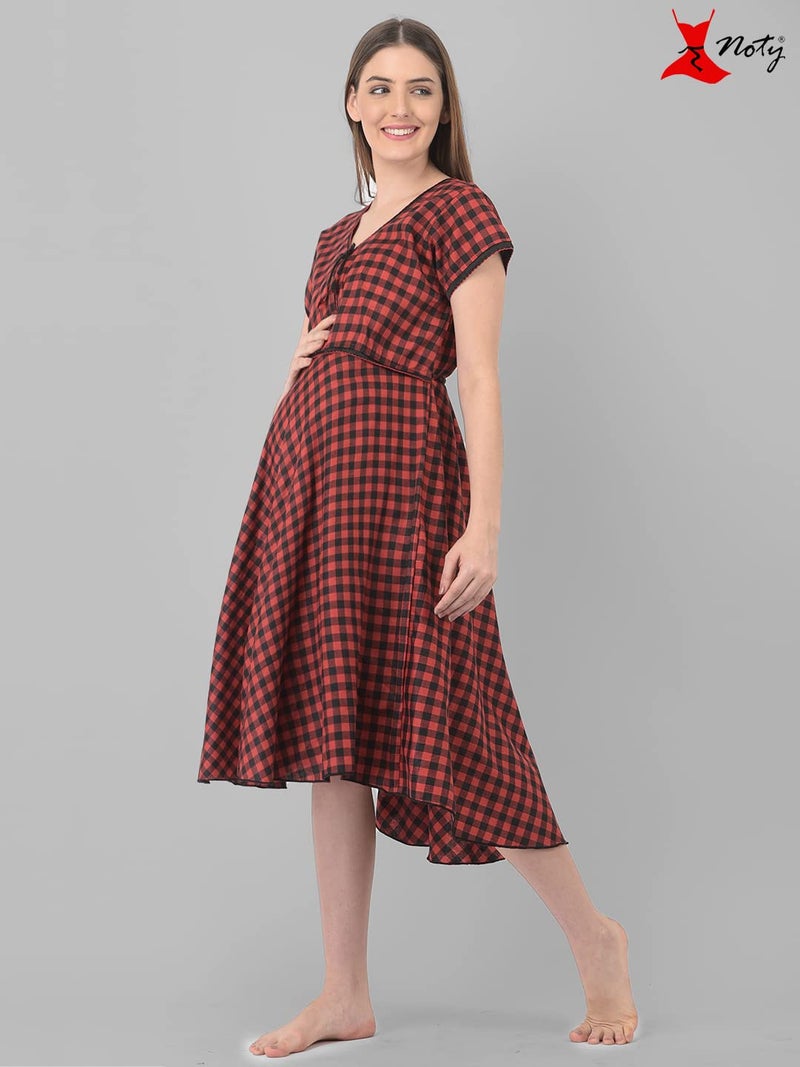 Noty Store Noty Women's Cotton Checkered Midi Maternity/Nursing Night Gown (SN1C-171174_Red-Black_Free Size) - Image 3