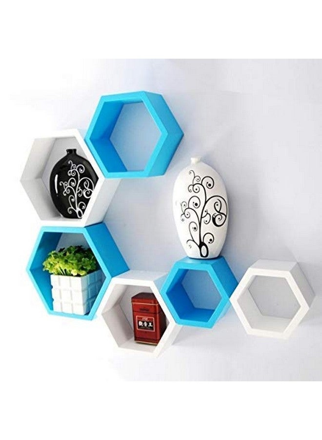 BAS Brown Art Shoppee Decorative Display with Hexagon Shape Floating Engineered Wood Wall Shelves and Racks (Blue and White, Painted Finish) - Set of 6 - Image 1