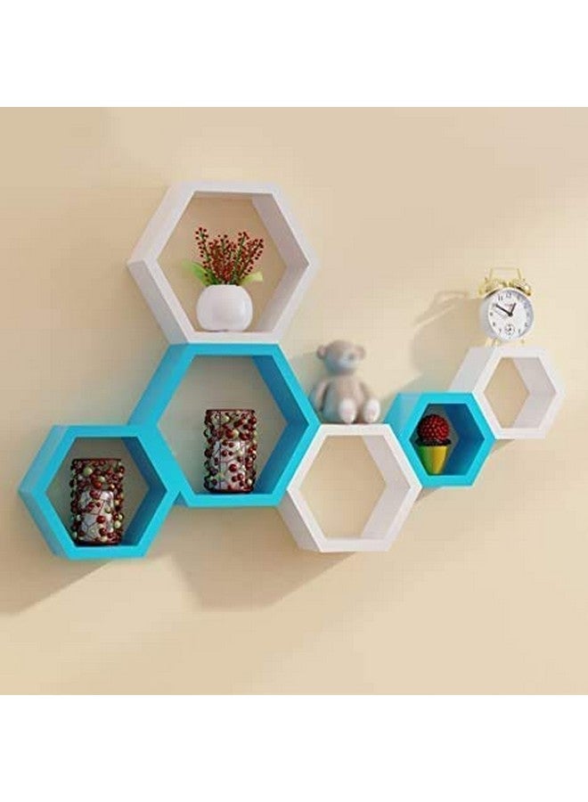 BAS Brown Art Shoppee Decorative Display with Hexagon Shape Floating Engineered Wood Wall Shelves and Racks (Blue and White, Painted Finish) - Set of 6 - Image 2